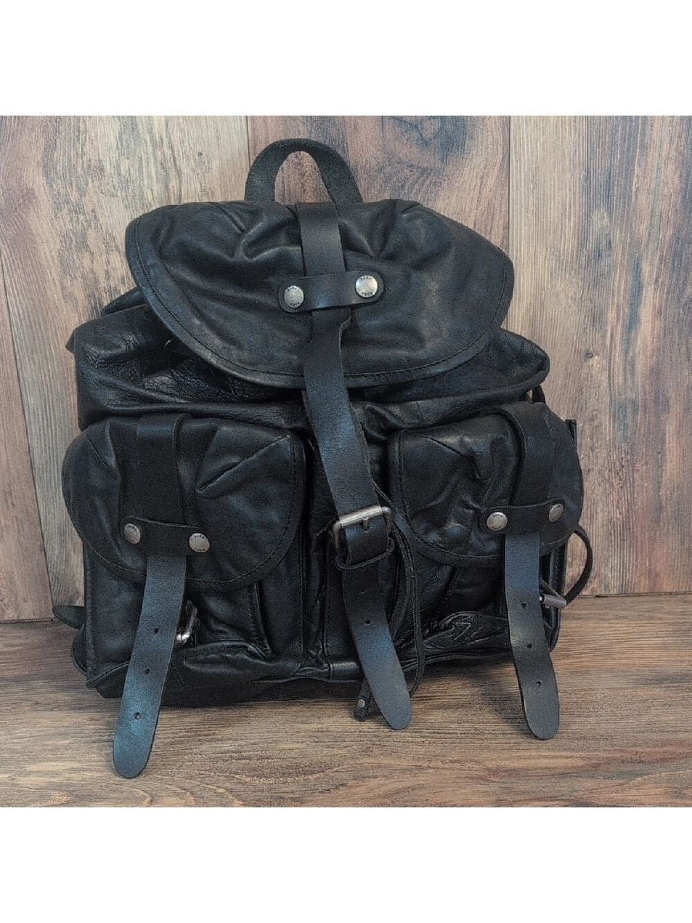Frye Black Leather Buckled Zipper Back Vintage Rare Unisex Backpack       -C192